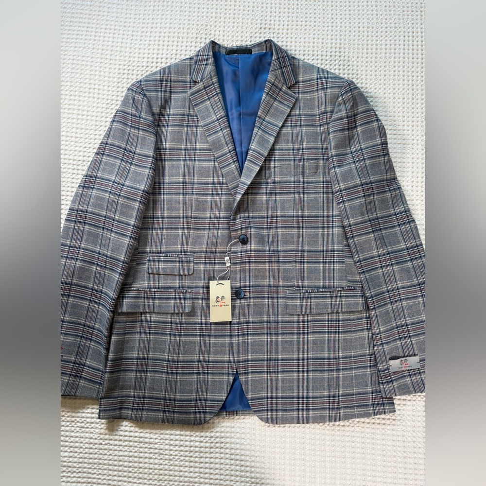 NWT Kent & Park Italy 3 Piece Suit 44L 38L Navy Plaid Super 150’s Wool Touch